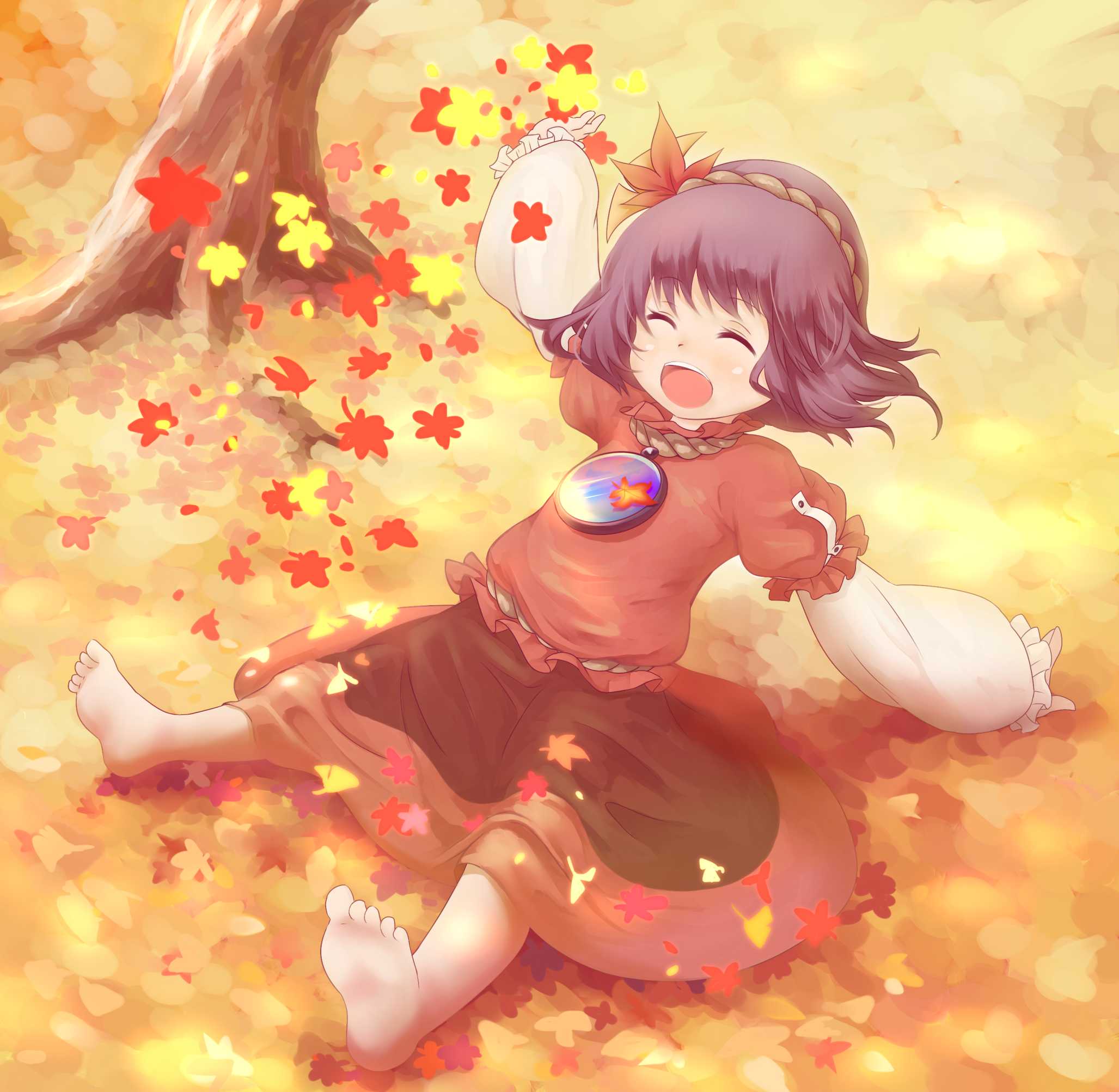 1girl ^_^ arm_support autumn autumn_leaves barefoot closed_eyes feet hair_ornament happy highres leaf_hair_ornament legs_apart long_sleeves mirror open_mouth purple_hair red_shirt red_skirt rope shimenawa shirt short_hair sitting skirt soles solo tatuhiro touhou tree yasaka_kanako younger