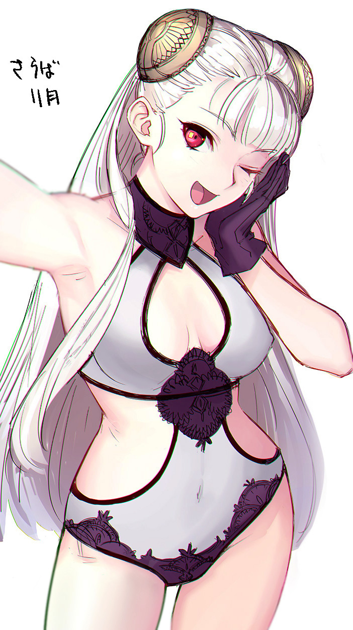 1girl ;d black_gloves breasts capcom_fighting_jam cleavage gloves highres ingrid long_hair one_eye_closed open_mouth red_eyes smile solo tetsu_(kimuchi) white_hair