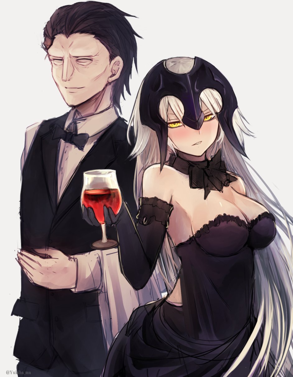 1boy 1girl alcohol bare_shoulders black_dress black_gloves black_hair black_legwear blonde_hair blush bow bowtie breasts caster_(fate/zero) choker cleavage closed_eyes cup dress drinking_glass drunk elbow_gloves fate/apocrypha fate/grand_order fate_(series) gilles_de_rais gloves half-closed_eyes headpiece helmet highres holding holding_cup jeanne_alter large_breasts long_hair long_sleeves looking_at_viewer parted_lips ruler_(fate/apocrypha) short_hair simple_background sleeveless sleeveless_dress smile twitter_username upper_body very_long_hair vest white_background wine wine_glass wing_collar yellow_eyes yukihama