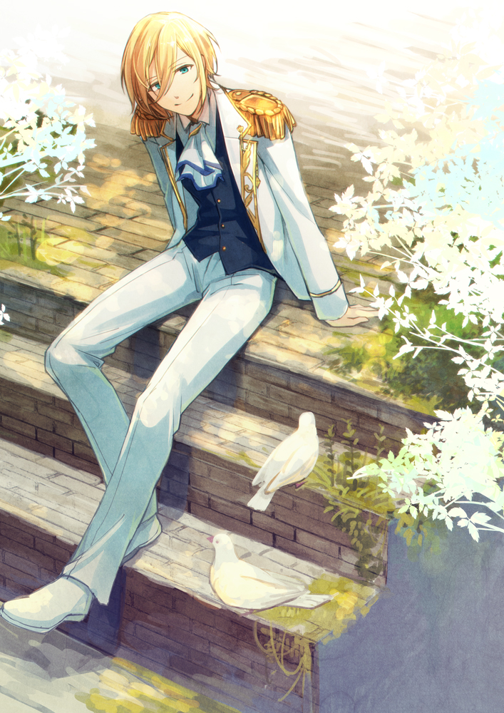 1boy animal arm_support bird blonde_hair blue_eyes closed_mouth cravat dove ensemble_stars! epaulettes hair_between_eyes idol jacket looking_at_viewer male_focus moss open_clothes open_jacket outdoors sitting smile solo stairs tenshouin_eichi tierra818 waistcoat
