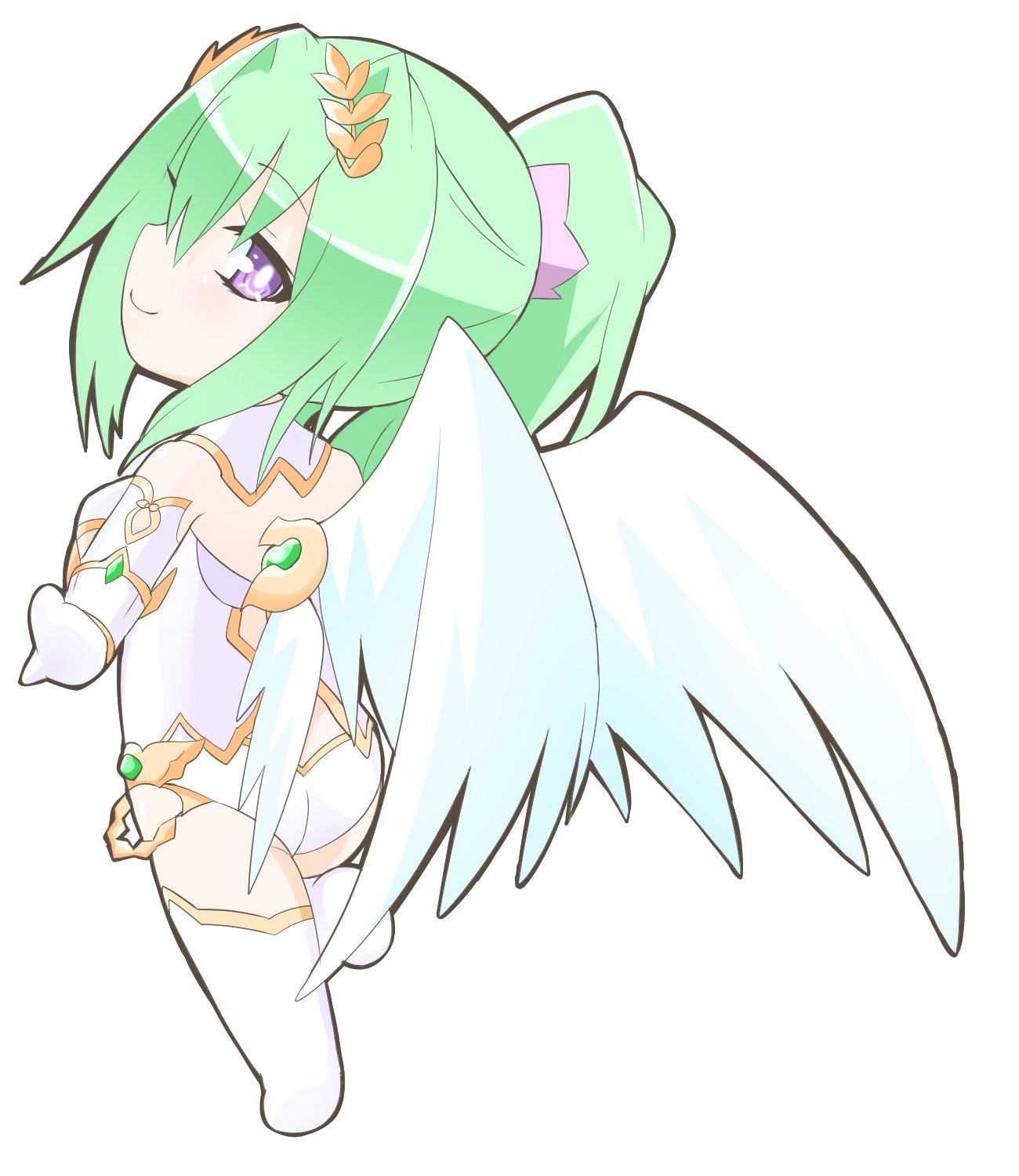 1girl breasts chibi feathered_wings four_goddesses_online:_cyber_dimension_neptune green_hair green_heart highres long_hair looking_at_viewer looking_back neptune_(series) niwaka_potato_sub ponytail power_symbol solo symbol-shaped_pupils vert very_long_hair violet_eyes wings