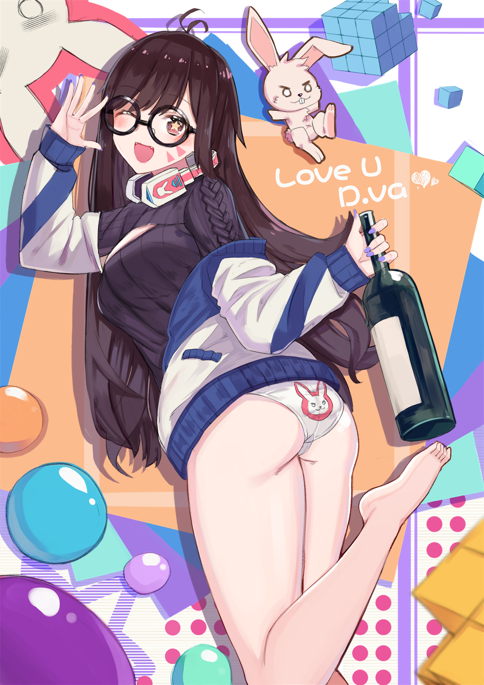 1girl ;d abstract_background antenna_hair artist_name ass back-print_panties bangs barefoot bespectacled black-framed_eyewear bottle breasts brown_hair bunny_panties bunny_print casual cleavage_cutout cowboy_shot cube d.va_(overwatch) facepaint facial_mark fingernails from_behind glasses headphones headphones_around_neck highres holding holding_bottle jacket leg_up long_fingernails long_hair long_sleeves looking_at_viewer looking_back medium_breasts nail_polish no_pants off_shoulder one_eye_closed open-chest_sweater open_mouth overwatch panties print_panties purple_nails ribbed_sweater round_glasses ryuuno6 shiny shiny_hair smile solo standing standing_on_one_leg star star-shaped_pupils sweater swept_bangs symbol-shaped_pupils twisted_torso underwear whisker_markings white_panties wine_bottle