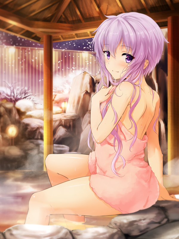 1girl arm_at_side arm_support bangs bare_tree blurry blush bug_(artist) closed_mouth depth_of_field eyebrows eyebrows_visible_through_hair fence from_side hair_between_eyes holding_towel lantern looking_at_viewer naked_towel onsen purple_hair rock short_hair_with_long_locks shoulder_blades sitting smile snow snowing soaking_feet solo steam towel tree violet_eyes vocaloid voiceroid water wet wet_hair winter wooden_fence yuzuki_yukari