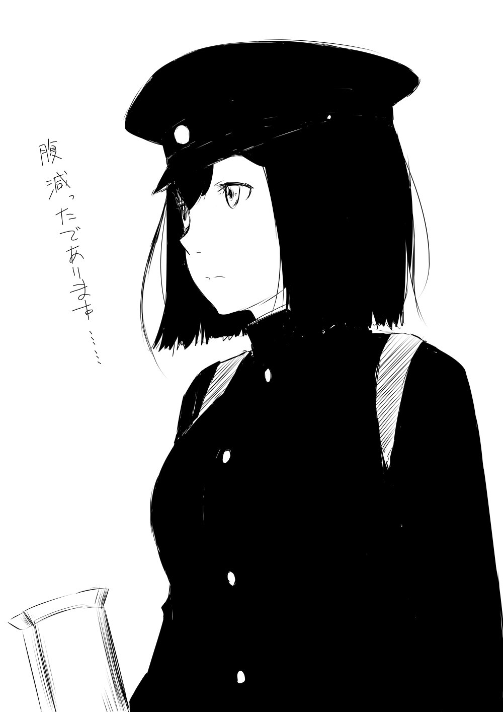 1girl akitsu_maru_(kantai_collection) breasts commentary_request hat highres jacket kantai_collection medium_breasts military military_hat military_uniform monochrome niwatazumi peaked_cap short_hair sketch solo translation_request uniform upper_body white_background