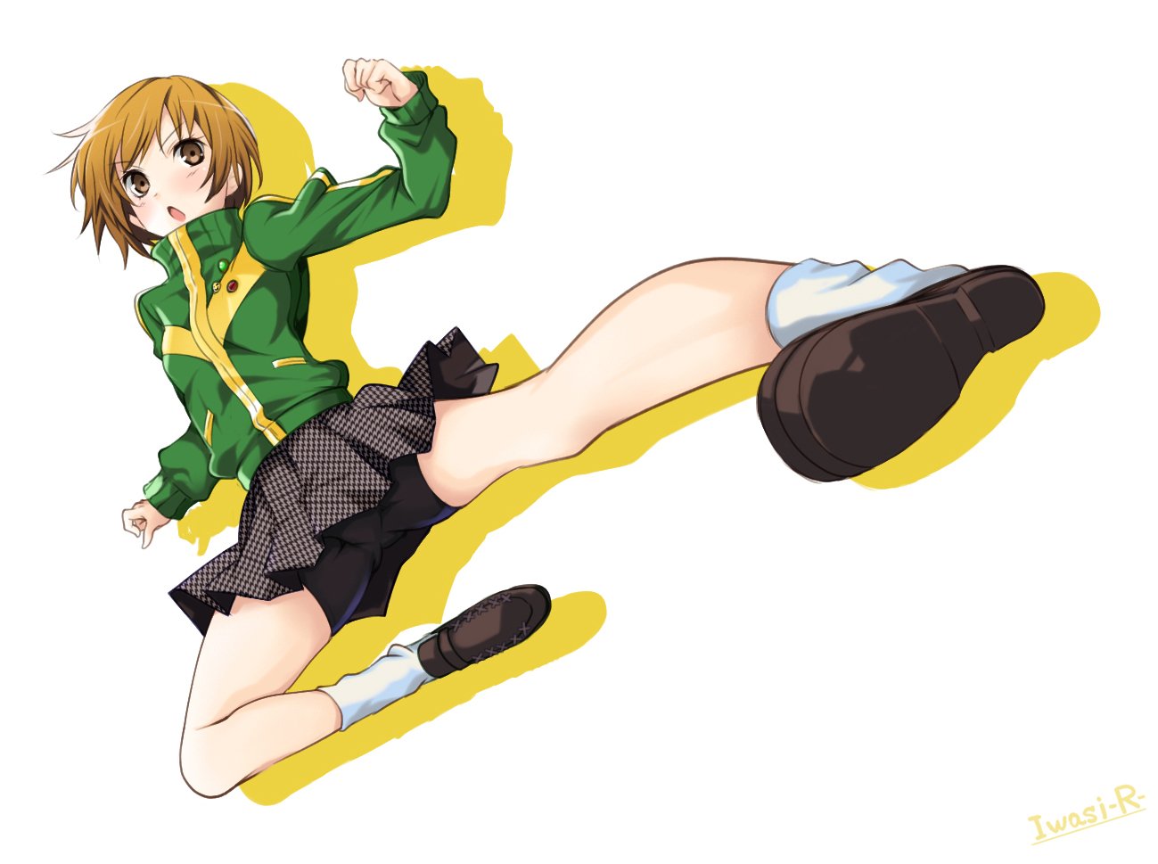 1girl bike_shorts blush brown_eyes brown_hair fighting_stance flying_kick high_kick iwasi-r jacket kicking panties pantyshot persona persona_4 satonaka_chie short_hair track_jacket underwear upskirt