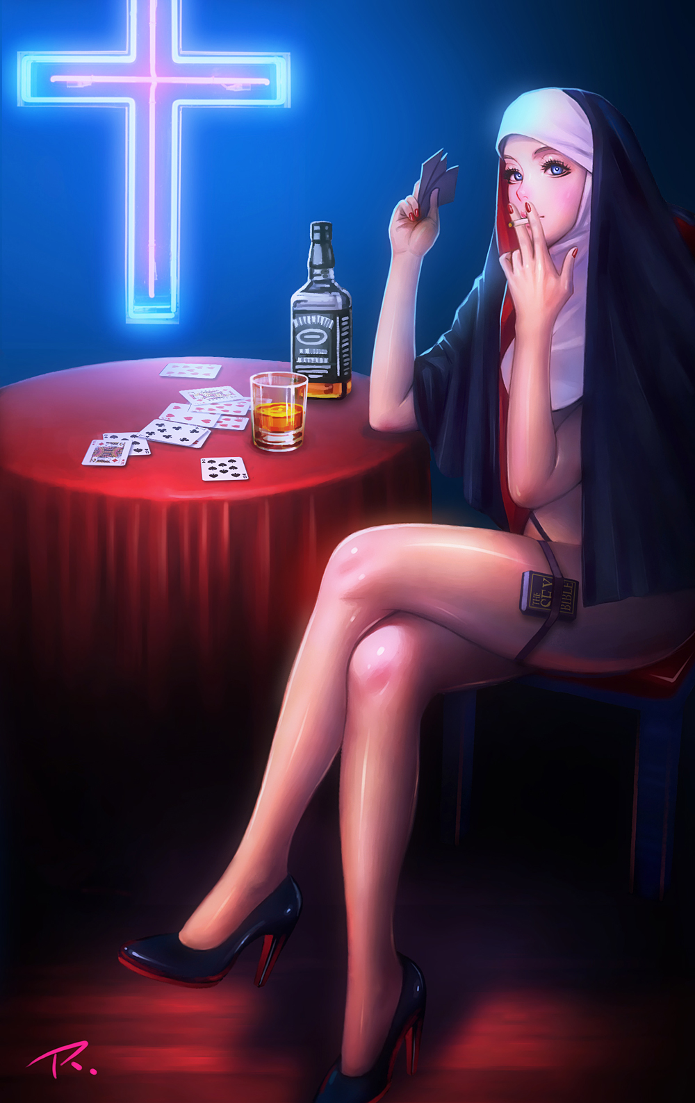 1girl alcohol arm_support between_fingers bible black_shoes blue_eyes body_blush book bottle card chair cigarette cross cup drinking_glass eyelashes eyeliner eyeshadow fingernails glass habit hands_up high_heels highres holding holding_card indoors legs legs_crossed long_fingernails looking_at_viewer lying_card makeup nail_polish nose nun original ray1984 red_nails robe shiny shiny_skin shoes signature sitting smoking solo table tablecloth thigh-highs thigh_strap veil whiskey