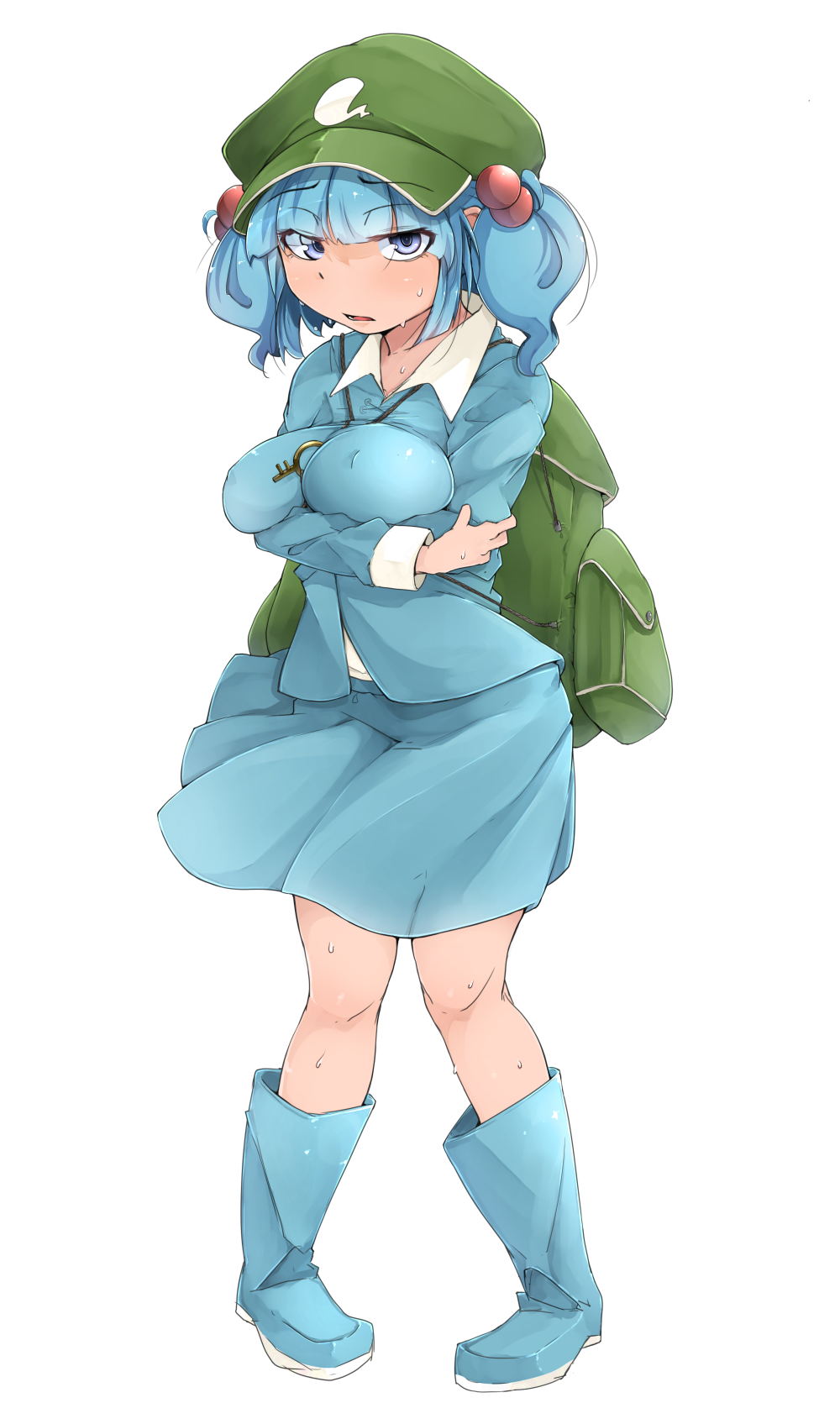 1girl backpack bag bangs between_breasts blue_hair blue_shirt blue_skirt blunt_bangs boots breast_hold breasts collared_shirt crossed_arms dress dress_shirt erect_nipples eyebrows eyebrows_visible_through_hair flanvia full_body hair_bobbles hair_ornament hat highres kawashiro_nitori large_breasts legs_apart long_sleeves open_mouth pigeon-toed rubber_boots shirt short_hair short_sleeves simple_background skirt skirt_set solo standing sweat touhou two_side_up white_background white_shirt