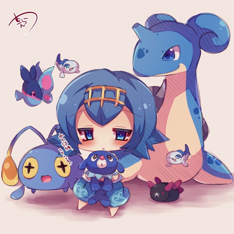 1girl blue_eyes blue_hair blush chibi chinchou finneon hairband lapras muuran pokemon pokemon_(creature) pokemon_(game) pokemon_sm popplio pyukumuku short_hair suiren_(pokemon) wishiwashi