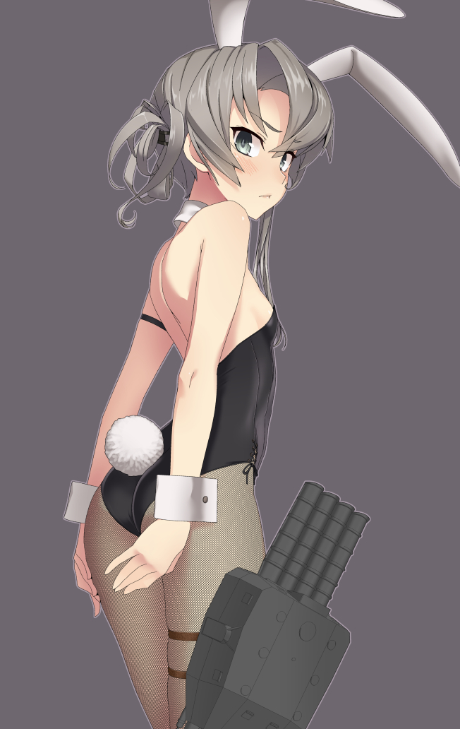 &gt;:&lt; 1girl animal_ears armband ass bangs bare_shoulders black_leotard breasts bunny_tail bunnysuit closed_mouth cowboy_shot cross-laced_clothes detached_collar eyebrows eyebrows_visible_through_hair fishnet_pantyhose fishnets from_side gloves grey_background hair_between_eyes hair_ornament hairclip kantai_collection leotard long_hair looking_at_viewer nowaki_(kantai_collection) pantyhose pout rabbit_ears sanhon side-tie_leotard sideboob sidelocks silver_hair simple_background skindentation small_breasts solo strapless strapless_leotard swept_bangs tail thigh_strap turret wrist_cuffs
