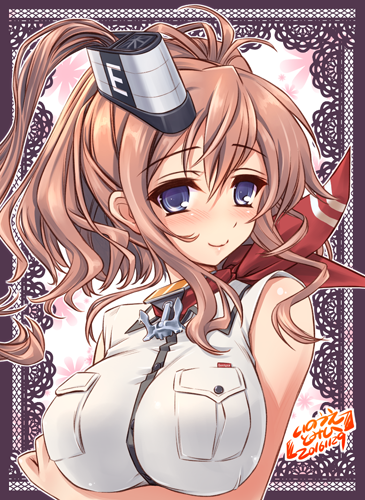 1girl blue_eyes blush breast_pocket breasts brown_hair crossed_arms hair_between_eyes hair_ornament inoue_tomii kantai_collection large_breasts long_hair looking_at_viewer lowres red_neckerchief saratoga_(kantai_collection) side_ponytail smile smokestack solo upper_body