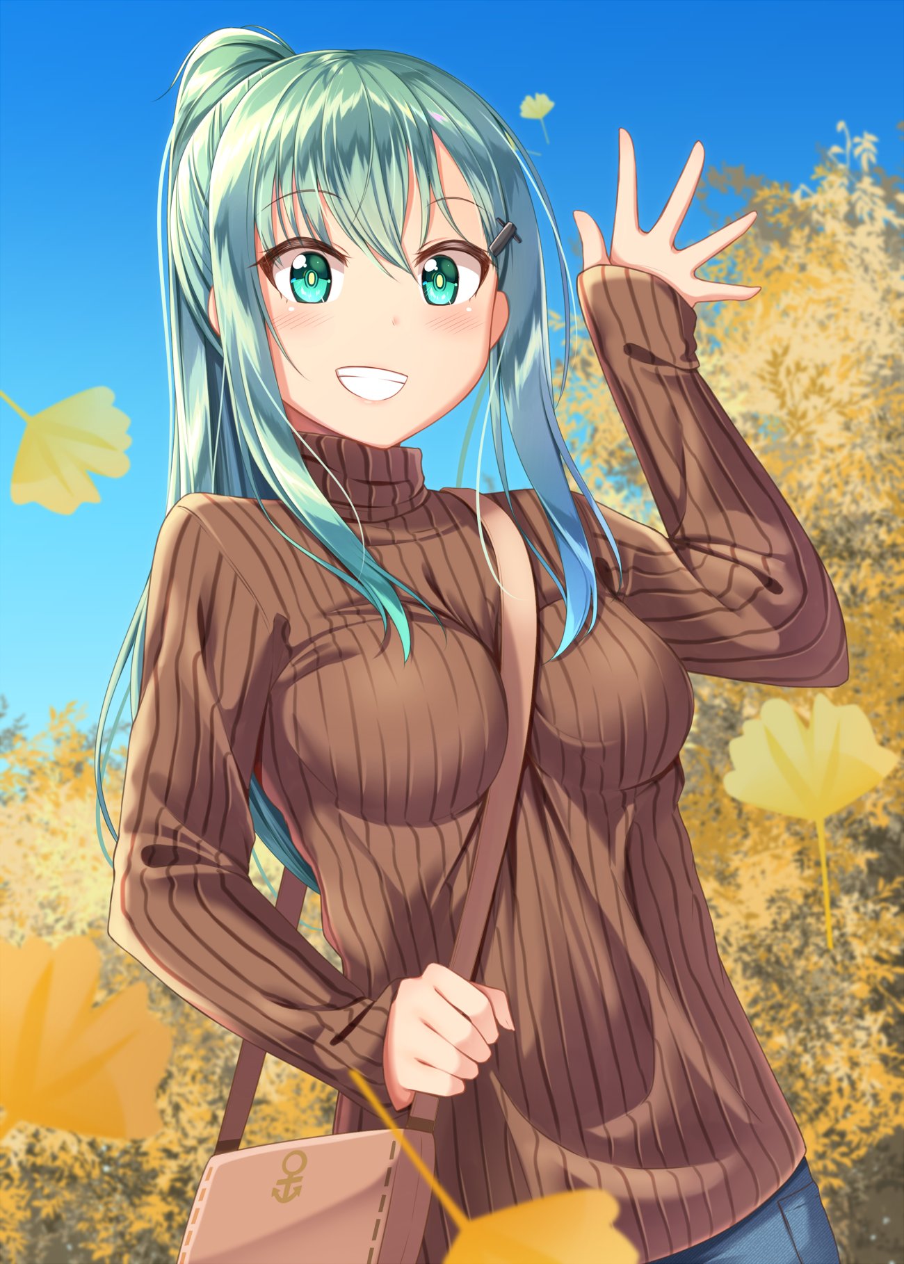 1girl :d autumn_leaves bag bangs between_breasts blue_sky blush breasts commentary day denim eyebrows eyebrows_visible_through_hair ginkgo green_eyes green_hair grin gurande_(g-size) hair_between_eyes hand_up highres holding_strap jeans kantai_collection large_breasts leaf long_hair matching_hair/eyes open_mouth outdoors pants ponytail sky sleeves_past_wrists smile solo strap strap_cleavage suzuya_(kantai_collection) sweater turtleneck turtleneck_sweater upper_body waving