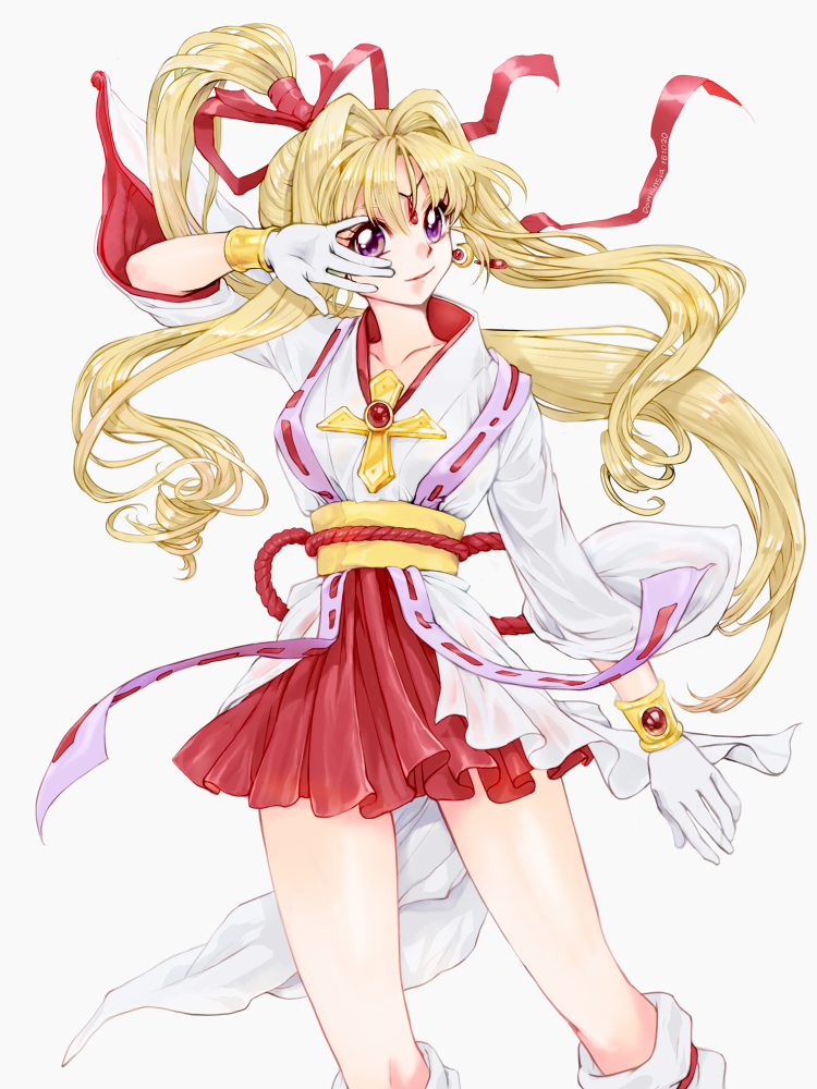 1girl blonde_hair bracelet cable crescent crescent_earrings cross dawkinsia drill_hair earrings forehead_jewel gloves hair_ribbon hand_in_front_of_face high_ponytail japanese_clothes jewelry kaitou_jeanne kamikaze_kaitou_jeanne kusakabe_maron long_hair obi pleated_skirt ponytail red_ribbon red_skirt ribbon sash sidelocks skirt solo very_long_hair violet_eyes white_background white_gloves wide_sleeves