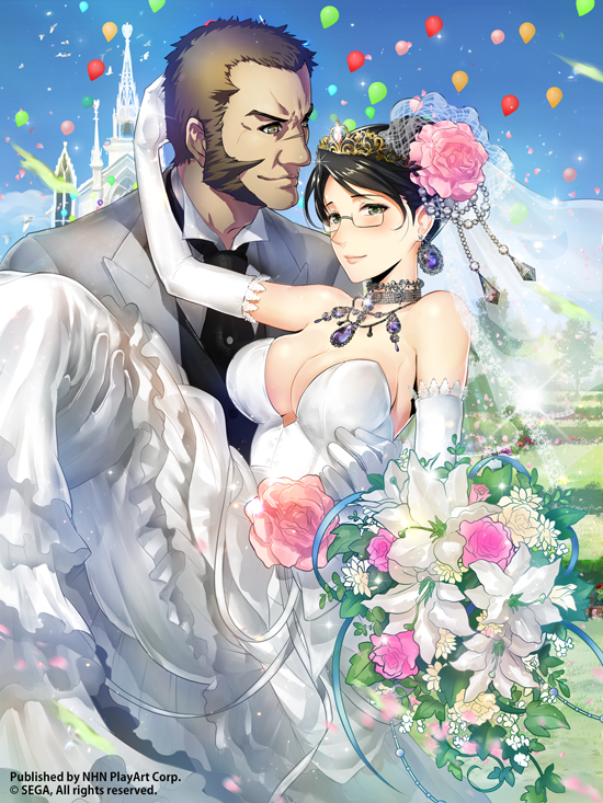 1boy 1girl balloon bare_shoulders black_hair blush bouquet breasts bridal_veil brown_eyes brown_hair carrying church cleavage collared_shirt couple dress earrings elbow_gloves eleanor_varrot field flower formal glasses gloves grass green_eyes hair_flower hair_ornament jewelry largo_potter lipstick looking_at_another looking_at_viewer makeup momose_hisashi necklace necktie nose_scar princess_carry senjou_no_valkyria senjou_no_valkyria_1 shirt short_hair suit veil watermark wedding_dress