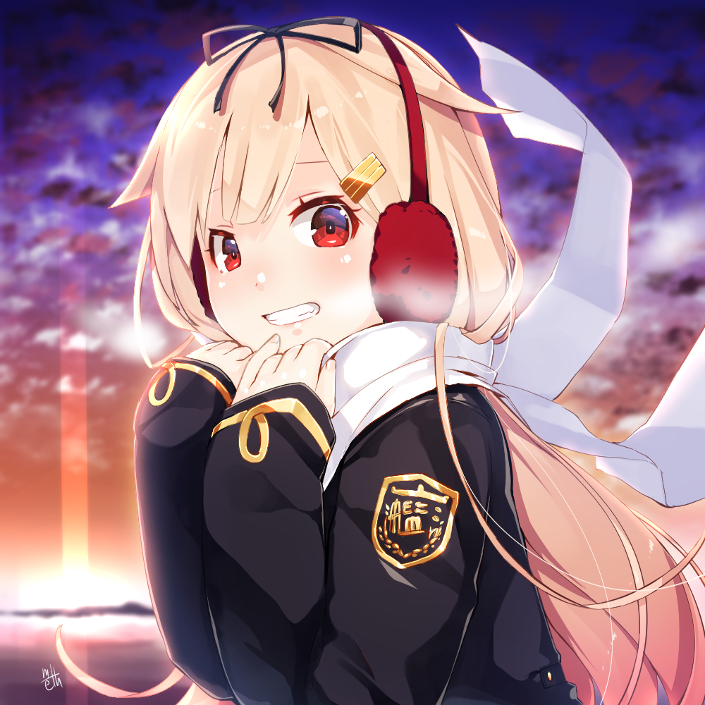 1girl black_jacket black_ribbon blonde_hair blurry breath clouds cloudy_sky depth_of_field earmuffs evening from_side gradient_hair grin hair_between_eyes hair_flaps hair_ornament hairclip jacket kantai_collection lips long_hair looking_at_viewer meth_(emethmeth) multicolored_hair red_eyes redhead remodel_(kantai_collection) ribbon scarf signature sky smile upper_body white_scarf yuudachi_(kantai_collection)