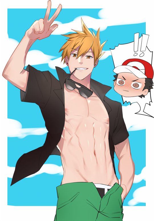 2boys abs adonis_belt baseball_cap blush brown_hair clouds grin groin hand_in_pocket hat male_focus mouth_hold multiple_boys navel nipples ookido_green ookido_green_(sm) open_clothes open_shirt pokemon pokemon_(game) pokemon_sm popped_collar red_(pokemon) red_(pokemon)_(sm) shirt smile solo_focus spiky_hair sunglasses underwear unzipped v zhineart