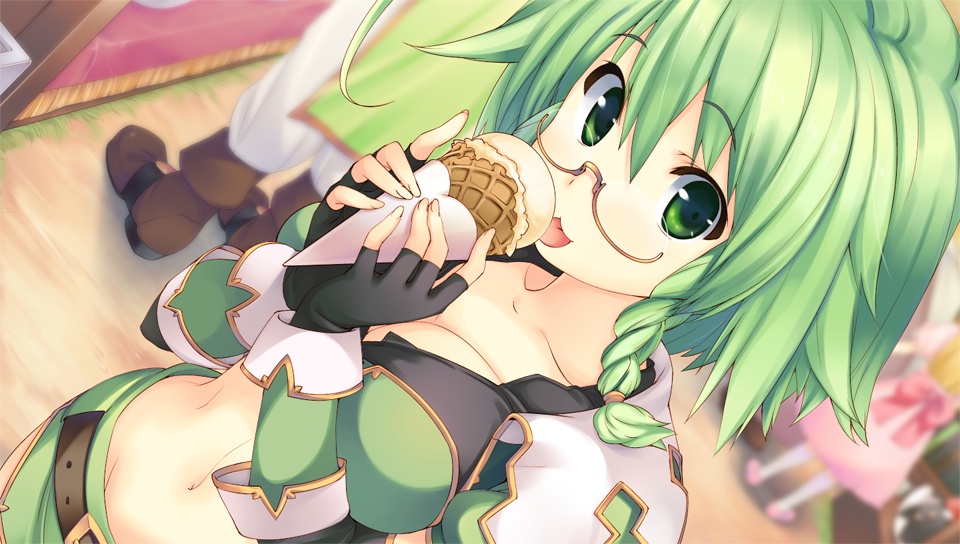 aquaplus black_gloves braid dungeon_travelers_2 eating fingerless_gloves food glasses gloves green_eyes green_hair holding holding_food ice_cream licking looking_at_viewer matching_hair/eyes midriff monica_macy navel semi-rimless_glasses solo solo_focus sumaki_shungo twin_braids