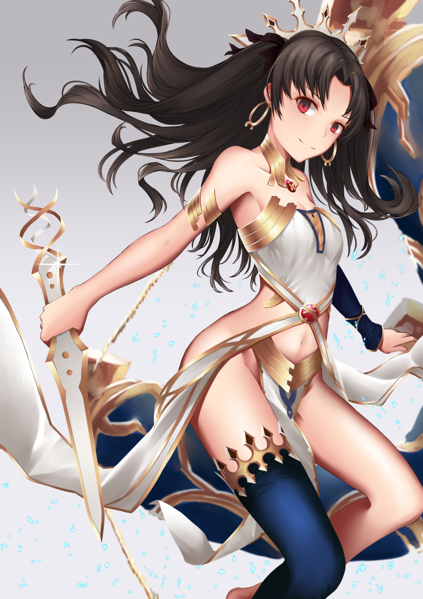 1girl armlet bangs bare_shoulders between_legs black_hair blue_legwear blurry breasts cleavage closed_mouth crown depth_of_field earrings fate/grand_order fate_(series) floating_hair gem glint grey_background hair_ribbon highres holding holding_weapon hoop_earrings ishtar_(fate/grand_order) jewelry long_hair looking_at_viewer navel neck_ring necklace pelvic_curtain red_eyes ribbon scal2let single_thighhigh small_breasts smile solo stomach thigh-highs thighlet tohsaka_rin two_side_up weapon