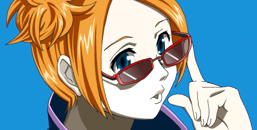 1girl blue_eyes finger_on_glasses glasses lowres mirei_(pokemon) open_mouth orange_hair pokemon pokemon_(game) pokemon_colosseum short_hair solo twintails