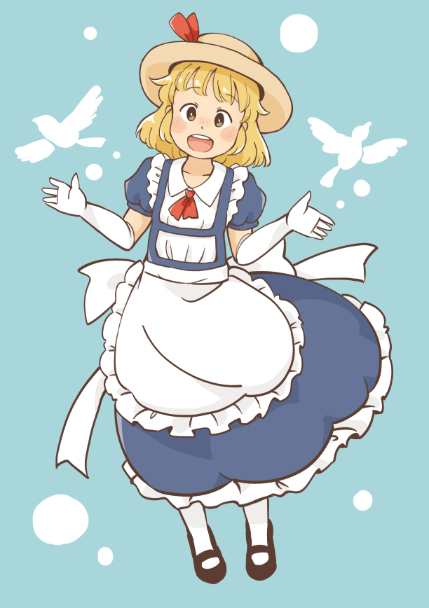 1girl apron bird black_shoes blonde_hair blue_dress chii-kun_(seedyoulater) collared_shirt dress elbow_gloves frilled_dress frills full_body gloves hat hat_ribbon kana_anaberal looking_at_viewer mary_janes open_mouth pantyhose puffy_short_sleeves puffy_sleeves red_ribbon ribbon shirt shoes short_hair short_sleeves simple_background solo teeth touhou touhou_(pc-98) waist_apron white_gloves white_legwear yellow_eyes