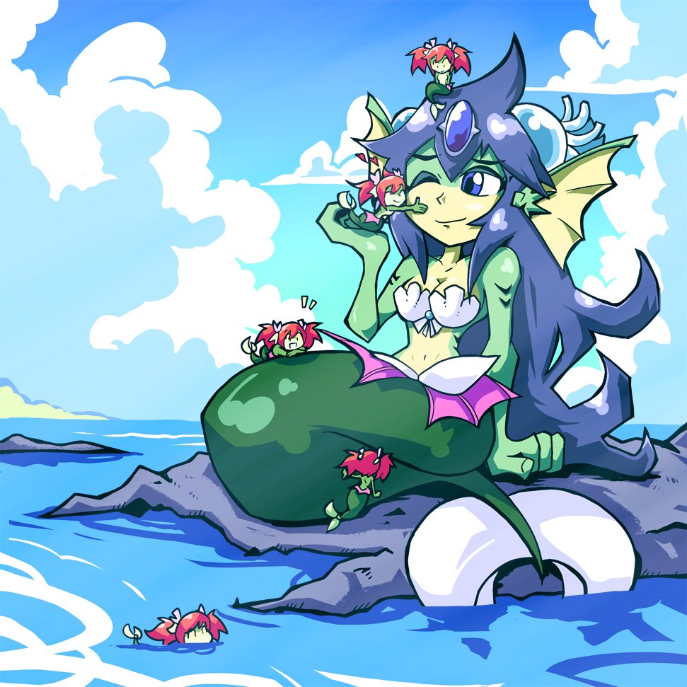 6+girls bikini_top blue_eyes blue_hair breasts cleavage clouds cloudy_sky fins giantess giga_mermaid gills green_skin hair_ornament head_fins heart hug long_hair mermaid monster_girl multiple_girls ocean one_eye_closed redhead rock setz shantae:_half-genie_hero shantae_(series) short_twintails sky tail_fin twintails