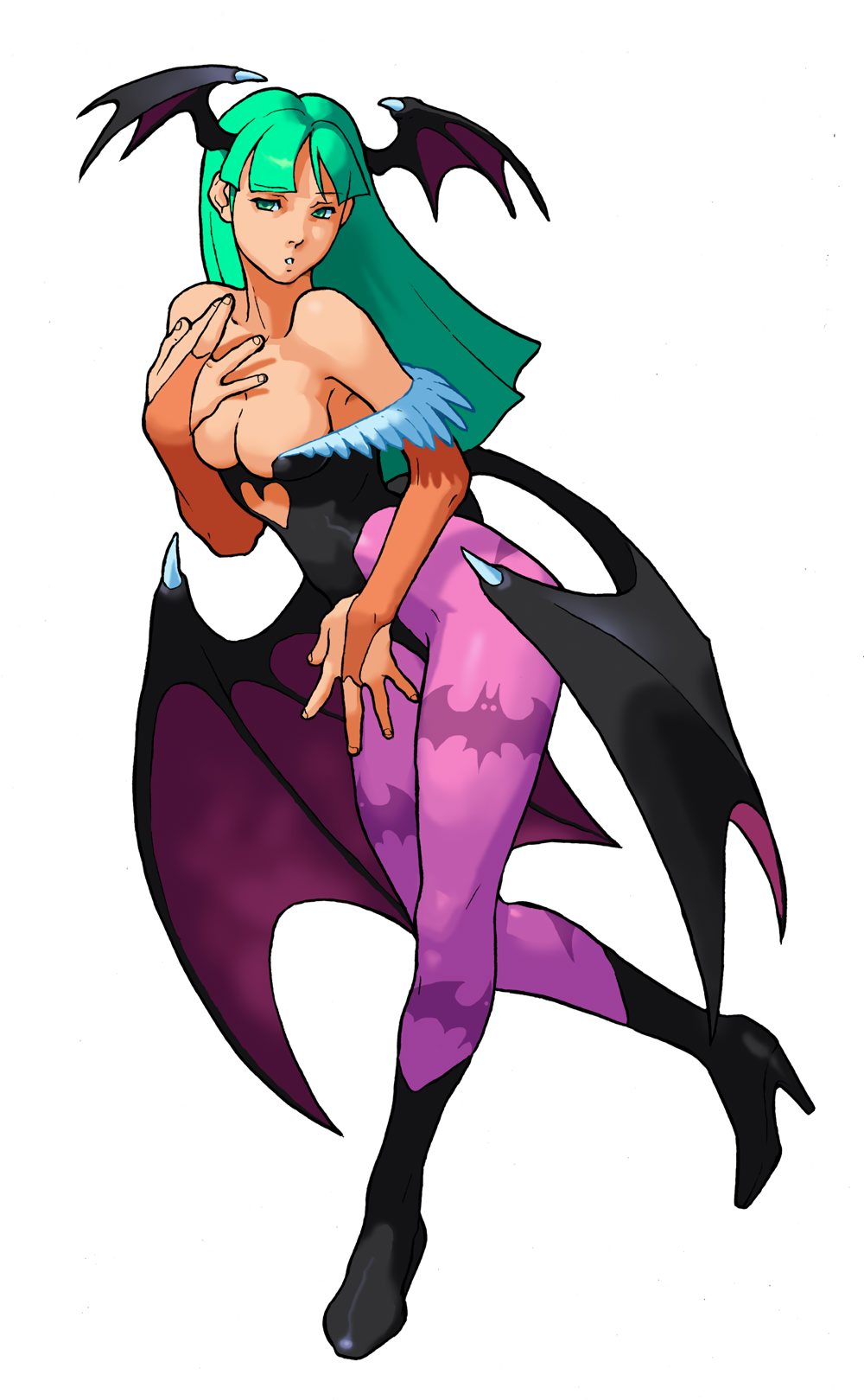 bat_print bat_wings bengus blunt_ends boots breasts bridal_gauntlets capcom cleavage cosplay demon_girl full_body green_eyes green_hair head_wings heart_cutout high_heels highres large_breasts leotard morrigan_aensland morrigan_aensland_(cosplay) official_art pantyhose parted_lips print_legwear simple_background succubus vampire_(game) white_background wings