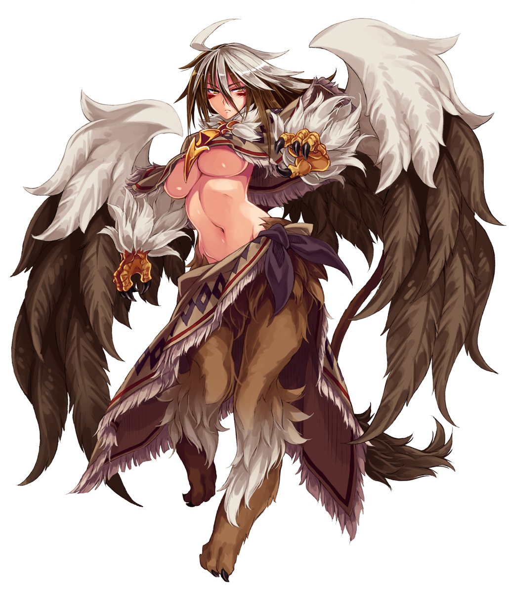 &gt;:( 1girl ahoge breasts brown_hair capelet claws facial_mark feathered_wings full_body fur griffon_(monster_girl_encyclopedia) highres kenkou_cross large_breasts monster_girl monster_girl_encyclopedia multicolored_hair navel paws serious solo stomach tail two-tone_hair under_boob waist_cape white_hair wings
