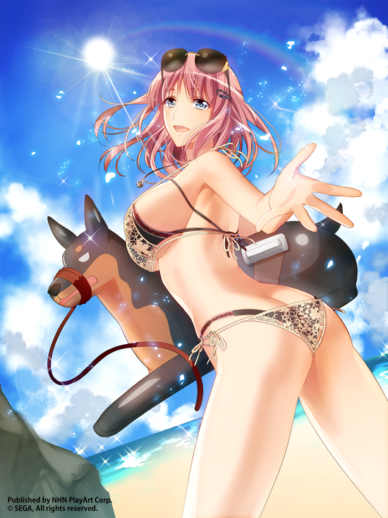 1girl ass beach bikini blue_eyes breasts butt_crack clarissa_callaghan clouds cloudy_sky cowboy_shot dog foreshortening innertube jewelry large_breasts looking_at_viewer murakami_yuichi necklace open_mouth pink_hair rainbow senjou_no_valkyria senjou_no_valkyria_3 short_hair side-tie_bikini sideboob sky smile solo sun sunglasses sunglasses_on_head swimsuit watermark