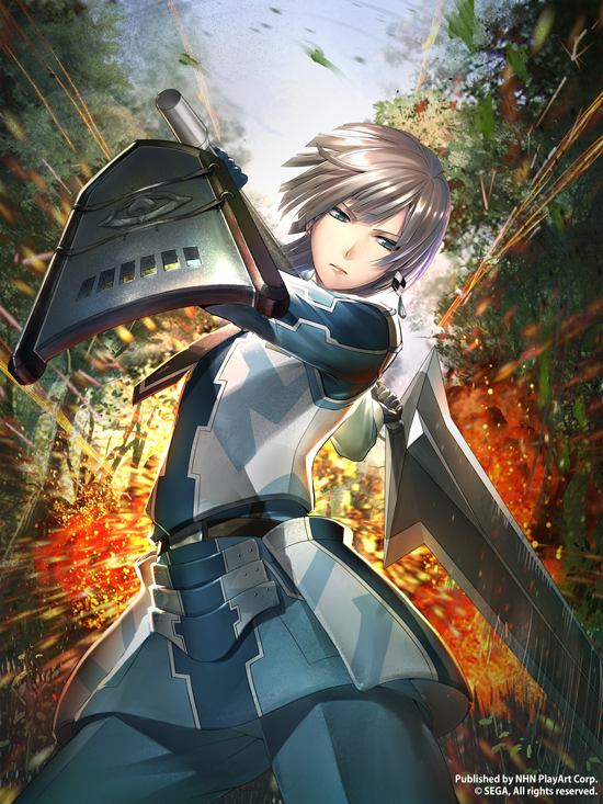 1girl alexis_hilden androgynous armor belt cowboy_shot earrings explosion forest gloves greatsword green_eyes grey_hair jewelry military momose_hisashi motion_blur nature necktie senjou_no_valkyria senjou_no_valkyria_2 shield short_hair solo sword tree watermark weapon