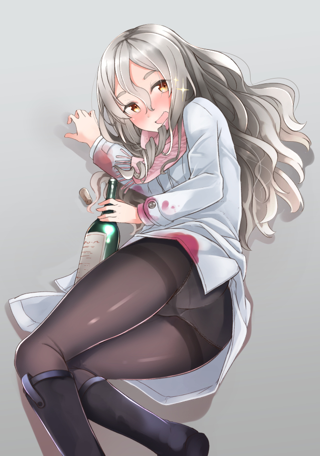 1girl :d ass black_boots black_legwear blush boots bottle breasts brown_eyes comah cork drunk grey_background grey_hair hair_between_eyes holding kantai_collection knees_together_feet_apart long_hair long_sleeves looking_at_viewer lying medium_breasts no_hat no_headwear no_pants on_side open_mouth panties panties_under_pantyhose pantyhose pink_scarf pola_(kantai_collection) ringlets scarf shiny shiny_clothes smile solo spill stained_clothes thighband_pantyhose underwear wavy_hair wavy_mouth white_coat wine_bottle yellow_eyes