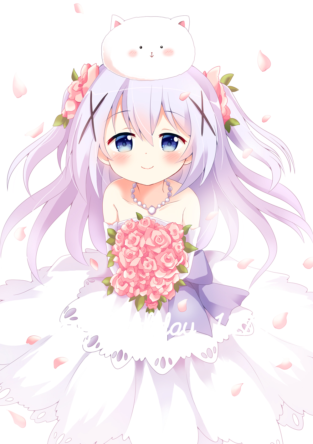 animal animal_on_head bare_shoulders blue_eyes blue_hair bouquet bunny_on_head dress flower gloves gochuumon_wa_usagi_desu_ka? hair_ornament hairclip highres jewelry kafuu_chino long_hair looking_at_viewer massala necklace pearl_necklace rabbit rose smile strapless strapless_dress tippy_(gochuumon_wa_usagi_desuka?) wedding_dress white_dress white_gloves