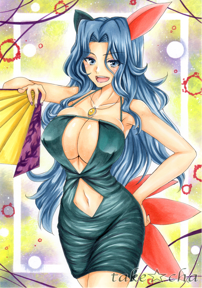1girl artist_name bare_shoulders blue_dress blue_eyes blue_hair blush breasts cleavage cosplay dress elite_four erect_nipples fan hand_on_hip highres holding_fan jewelry karin_(pokemon) large_breasts long_hair looking_at_viewer marker_(medium) nail_polish navel_cutout necklace open_mouth pokemon pokemon_(game) pokemon_hgss purple_nails sneasel sneasel_(cosplay) solo takecha traditional_media