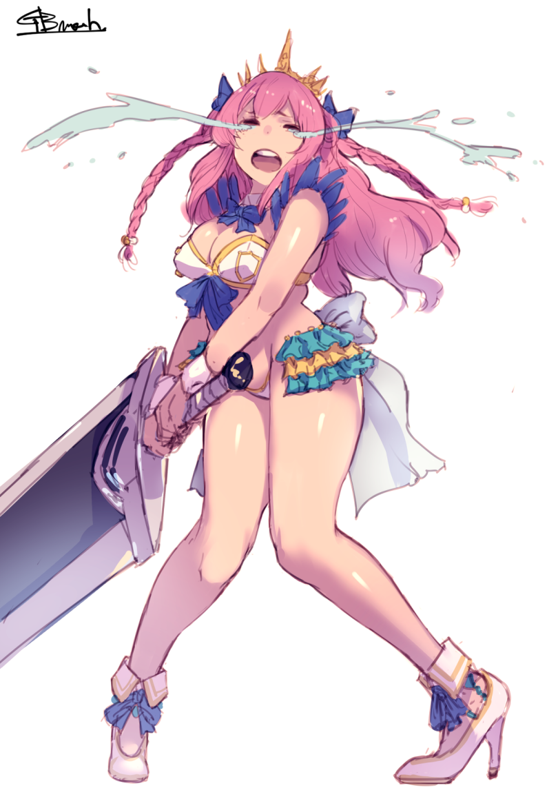 1girl braid breasts cleavage closed_eyes crying gbmah high_heels holding holding_sword holding_weapon long_hair nishizono_honoka open_mouth pink_hair simple_background solo sword tears teeth thick_thighs tokyo_7th_sisters weapon white_background