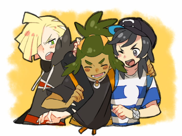 3boys arm_around_shoulder backpack bag bangs_pinned_back baseball_cap black_hair black_shirt blonde_hair blush capri_pants dark_skin dark_skinned_male gladio_(pokemon) green_eyes green_hair grey_eyes hair_ornament hair_over_one_eye hairclip hand_on_another's_head haruyasai_(sanbunno) hat hau_(pokemon) hood hoodie locked_arms male_focus male_protagonist_(pokemon_sm) multiple_boys one_eye_closed open_mouth orange_background pants pokemon pokemon_(game) pokemon_sm shirt short_hair simple_background smile striped striped_shirt t-shirt topknot upper_body z-ring