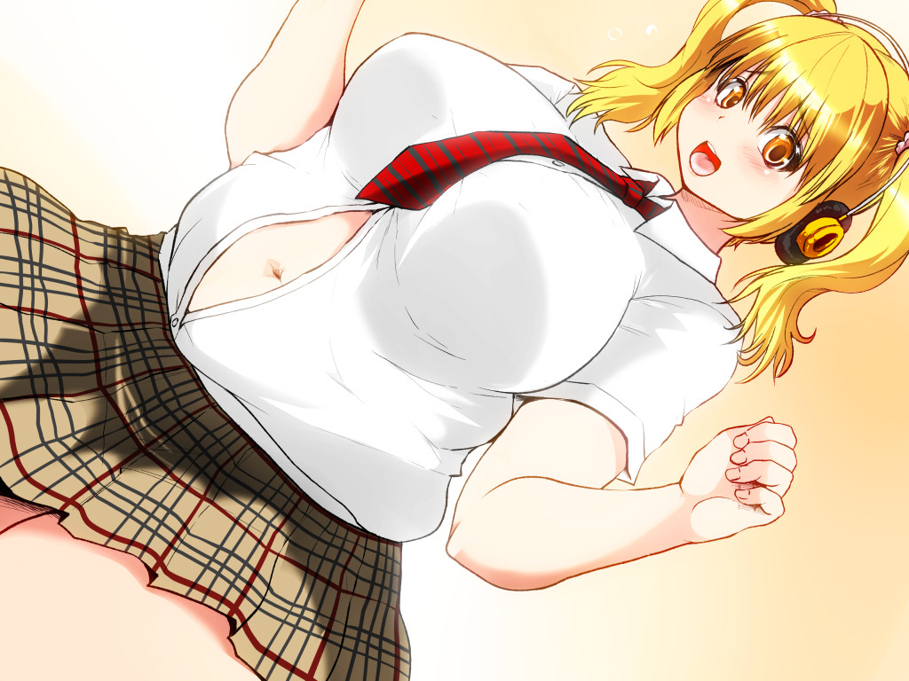 1girl blonde_hair blush breasts date_pun good_meat_day headphones huge_breasts isuna looking_at_viewer meat_day midriff navel necktie nitroplus number_pun open_mouth orange_eyes pleated_skirt plump red_necktie school_uniform shirt skirt smile solo super_pochaco thick_thighs twintails white_shirt wide_hips