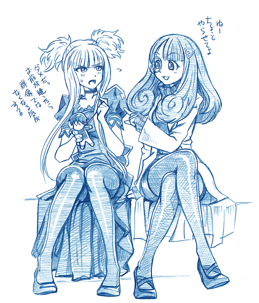2girls :3 :d aoki_hagane_no_arpeggio bangs bbb_(friskuser) blue blunt_bangs breasts character_doll chihaya_gunzou choker commentary_request dress hair_ornament hairclip holding_doll hyuuga_(aoki_hagane_no_arpeggio) knees_together_feet_apart kongou_(aoki_hagane_no_arpeggio) labcoat large_breasts legs_crossed long_hair monochrome monocle multiple_girls open_mouth pantyhose pencil_skirt puffy_short_sleeves puffy_sleeves revision sewing short_sleeves sidelocks simple_background sketch skirt sleeves_past_wrists smile sweat sweater traditional_media translation_request two_side_up white_background