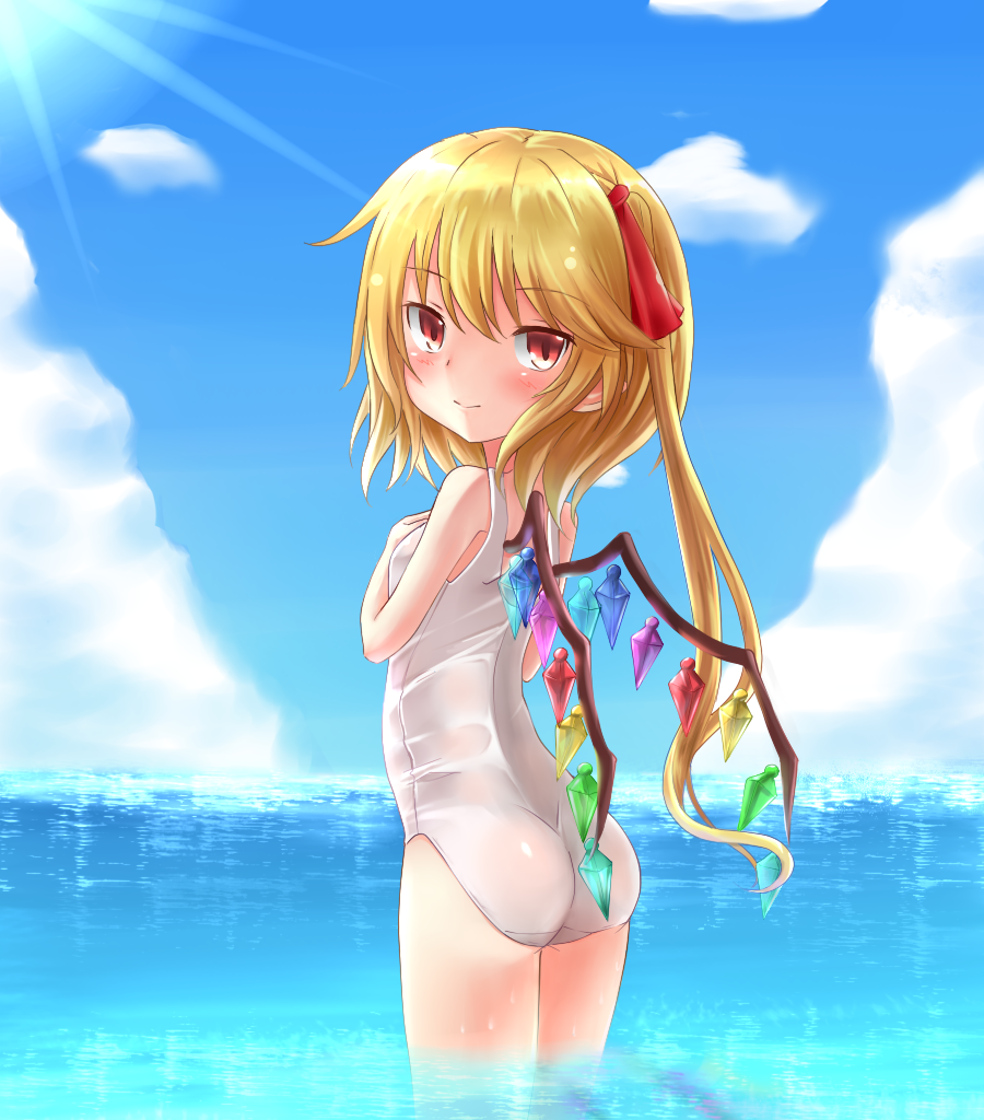 1girl ass blonde_hair blush clouds crystal flandre_scarlet hair_ribbon hand_on_own_chest kuro_(baseball0000) looking_at_viewer looking_back red_eyes ribbon school_swimsuit side_ponytail sky solo swimsuit touhou water wet white_school_swimsuit white_swimsuit wings