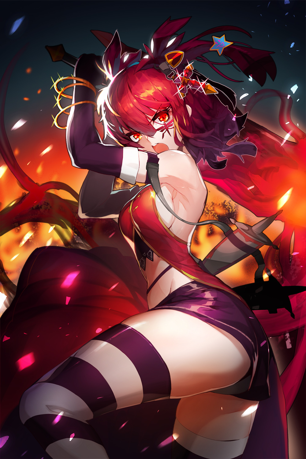 1girl bangle black_gloves bracelet breasts character_request dagger elbow_gloves embers facial_tattoo fire from_side glint gloves hair_between_eyes highres holding holding_sword holding_weapon jewelry l.wolf medium_breasts open_mouth redhead sheath sheathed solo striped striped_legwear sword sword_girls tattoo thigh-highs weapon