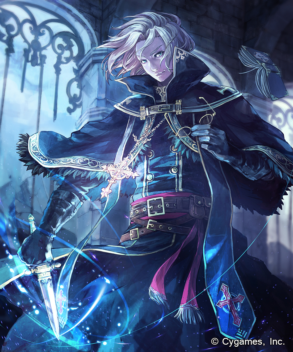 1boy belt black_gloves blue_eyes book cape dagger floating_book glasses glasses_removed gloves harupy highres indoors looking_at_viewer official_art shingeki_no_bahamut solo standing watermark weapon white_hair