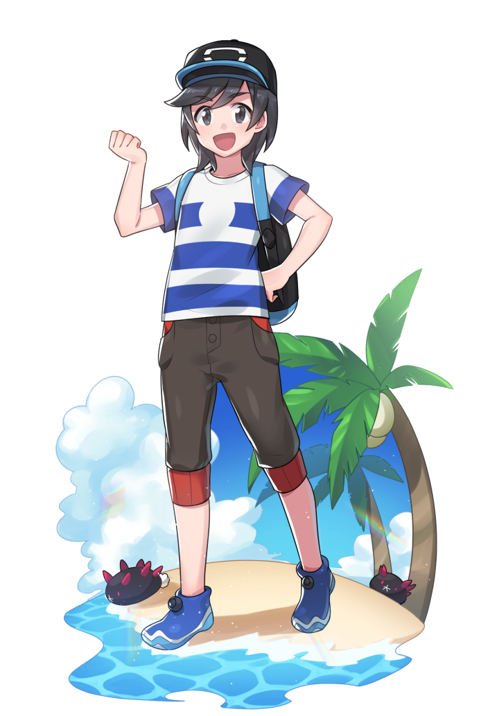 1boy alpha_transparency backpack bag black_hair blue_sky breasts capri_pants clenched_hand clouds grey_eyes hand_on_hip male_focus male_protagonist_(pokemon_sm) palm_tree pants pokemon pokemon_(creature) pokemon_(game) pokemon_sm pyukumuku rainbow shirt shiyano shoes short_hair sky smile sneakers solo striped striped_shirt t-shirt tree