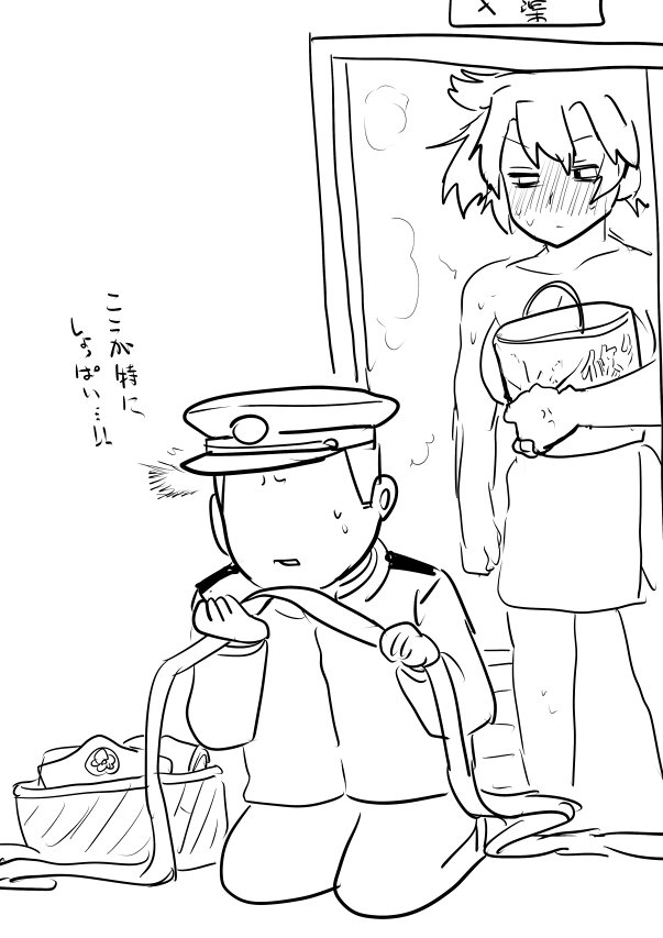 1boy 1girl admiral_(kantai_collection) aircraft airplane anger_vein basket blush bucket budget_sarashi clenched_hand clothes_removed clothes_sniffing collar comic doorway embarrassed epaulettes full-face_blush hair_flaps hat kantai_collection kneeling laundry military military_hat military_uniform mo_(kireinamo) monochrome musashi_(kantai_collection) naked_towel open_mouth peaked_cap sarashi smelling steam sweatdrop towel uniform