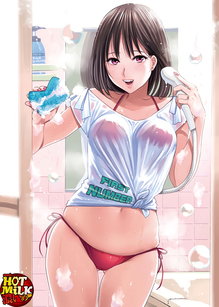 1girl bathroom bikini blush breasts brown_hair bubble comic_hotmilk cowboy_shot earrings gluteal_fold holding indoors jewelry lips looking_at_viewer medium_breasts nail_polish navel open_mouth pao_(otomogohan) pink_eyes red_bikini ring see-through shirt shower_head side-tie_bikini skindentation smile soap_bubbles solo sponge steam swimsuit thigh_gap tied_shirt wedding_band wet wet_clothes wet_shirt