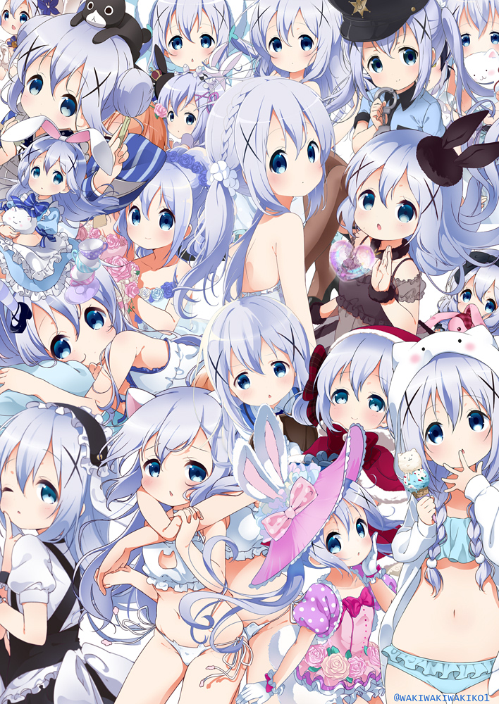 3girls :&lt; :3 :o alternate_costume alternate_hairstyle ama_usa_an_uniform angora_rabbit animal animal_ears animal_hood animal_on_head anko_(gochiusa) apron arms_around_neck bare_back blue_eyes blue_hair blush blush_stickers bouqet bow braid bunny bunny_hood bunny_on_head buttons capelet cat_lingerie chemise chestnut_mouth cleavage_cutout collage collar collarbone crown cuffs cup diagonal_stripes double_bun dress eyelashes fake_animal_ears fleur_de_lapin_uniform flower food frown gloves gochuumon_wa_usagi_desu_ka? hair_between_eyes hair_flower hair_ornament hairband hand_on_own_cheek hand_on_own_face handcuffs hat hat_bow high_heels holding holding_animal hood hoto_cocoa ice_cream ice_cream_cone index_finger_raised jouga_maya kafuu_chino lace lace-trimmed_panties lace_trim leaf light_smile long_hair long_sleeves looking_at_viewer looking_back low_twintails lying magical_girl maid_headdress meme_attire mini_crown multiple_girls multiple_persona navel neck_ribbon neki_(wakiko) on_head on_side open_mouth orange_hair panties pantyhose pillow police police_uniform polka_dot puffy_short_sleeves puffy_sleeves rabbit_house_uniform ribbon rose saucer short_sleeves smile striped striped_legwear stuffed_toy tareme teacup tippy_(gochiusa) triangle_mouth twin_braids twintails twitter_username underwear uniform waist_apron wink x_hair_ornament yellow_eyes