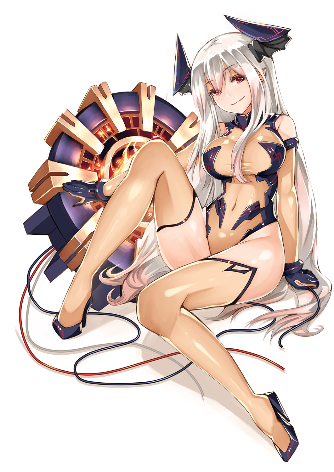 1girl arm_support bare_shoulders black_gloves breasts colo_mag-chan colossus_(granblue_fantasy) commentary_request covered_navel detached_sleeves doraf elbow_gloves essa_sazhka full_body genderswap genderswap_(mtf) gloves granblue_fantasy hair_between_eyes high_heels highres horns large_breasts leotard light_brown_legwear lips long_hair looking_at_viewer parted_lips personification pointy_ears red_eyes shiny shiny_skin silver_hair sitting smile thigh-highs thighs wire