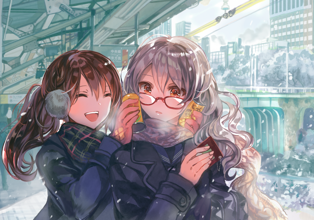 2girls :d breath brown_hair can can_to_cheek canned_coffee closed_eyes coat commentary_request earmuffs glasses happy long_hair multiple_girls open_mouth original red-framed_eyewear rioka_(southern_blue_sky) scarf smile twintails white_hair winter winter_clothes