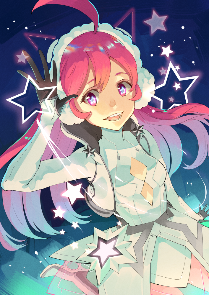 1girl :d ahoge arm_up breasts cleavage_cutout cropped_jacket earmuffs eyelashes gloves high_heels huge_ahoge leg_up long_hair long_sleeves looking_at_viewer open_mouth red_eyes redhead see-through sf-a2_miki shooting_star sleeves_past_wrists small_breasts smile solo star star-shaped_pupils symbol-shaped_pupils tomaeda_(bravered) turtleneck vocaloid