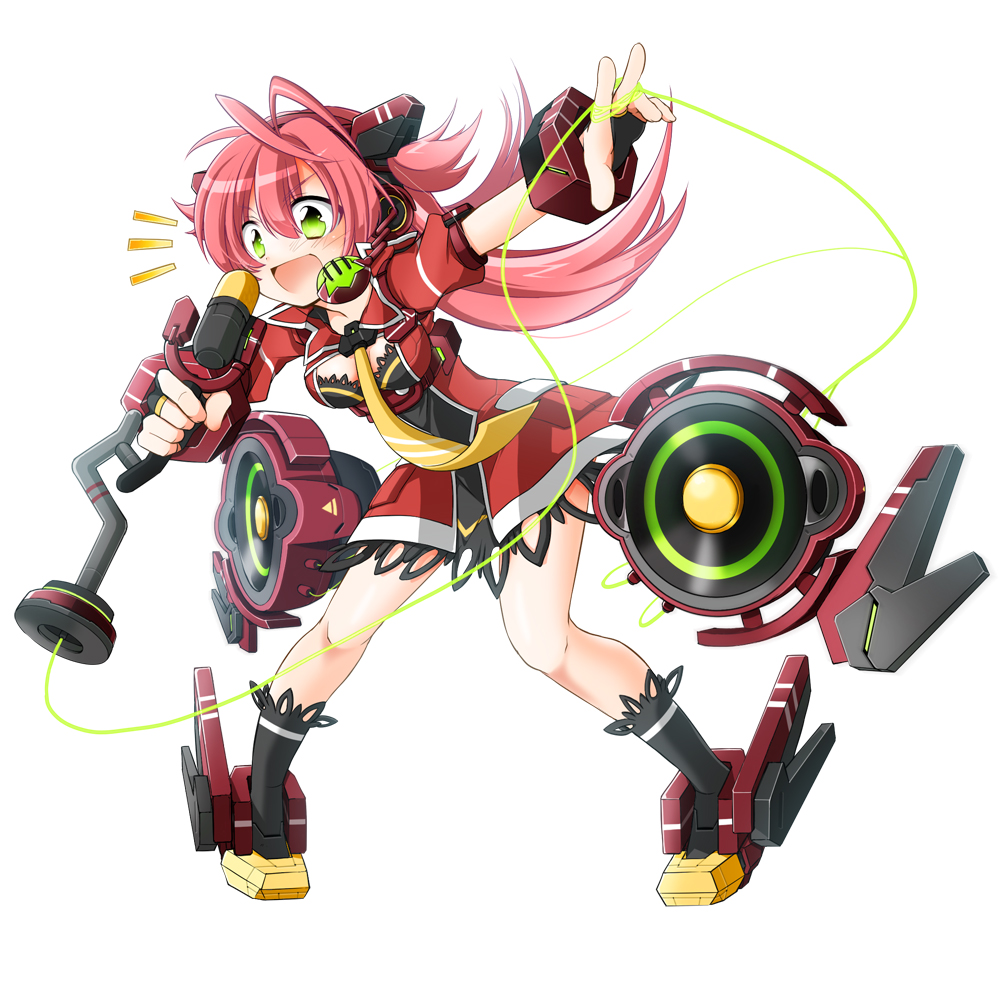 1girl anna_comet artist_request blush cosmic_break full_body green_eyes hair_ornament headphones long_hair mecha_musume microphone microphone_stand necktie official_art photoshop_(medium) pink_hair smile solo