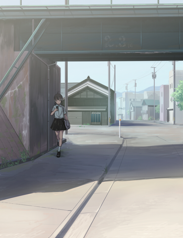 1girl ahoge bag brown_hair cellphone city day holding holding_phone original outdoors phone road shade short_hair sidewalk skirt sody solo street walking