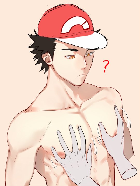 1boy ? baseball_cap brown_eyes brown_hair eyebrows groping hat looking_down male_focus nipples pectorals pokemon pokemon_(game) pokemon_sm red_(pokemon) red_(pokemon)_(sm) shirtless simple_background solo_focus thick_eyebrows upper_body zhineart
