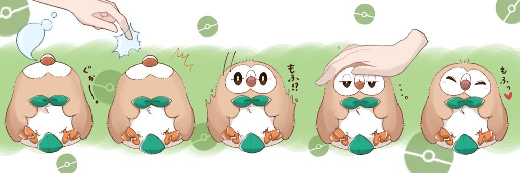 ^_^ bird closed_eyes comic gatsuwo hands heart nose_bubble owl petting poke_ball_print pokemon pokemon_(creature) pokemon_(game) pokemon_sm rowlet sleeping sleepy waking_up white_background