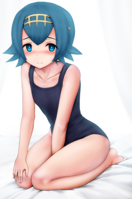 1girl bangs bare_legs bare_shoulders barefoot bed_sheet between_legs black_swimsuit blue_eyes blue_hair blush breasts closed_mouth collarbone ginhaha hairband hand_between_legs hand_on_own_knee looking_at_viewer on_bed one-piece_swimsuit pokemon pokemon_(game) pokemon_sm seiza short_hair sitting small_breasts smile solo suiren_(pokemon) swimsuit white_background